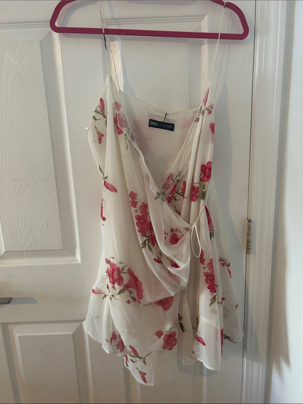 Zara White Slip Dress with Pink Floral Lace Trim